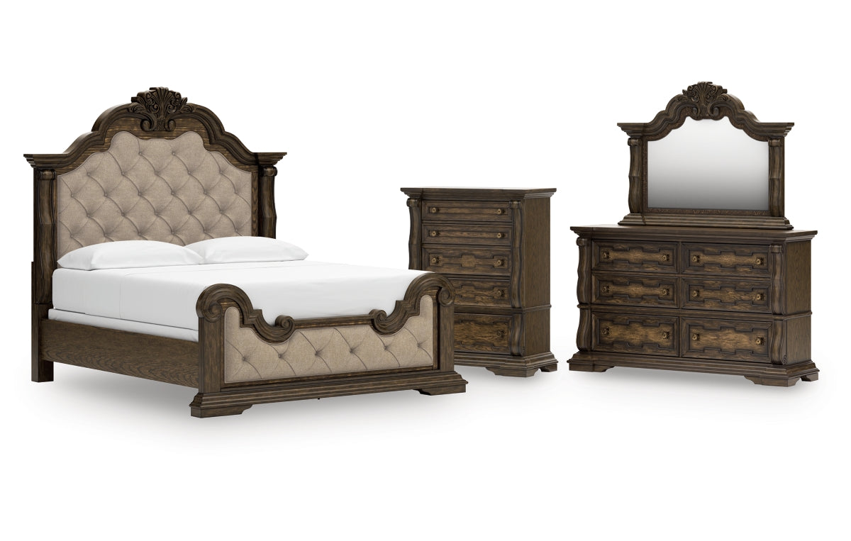 Maylee California King Upholstered Bed, Dresser, Mirror and Chest