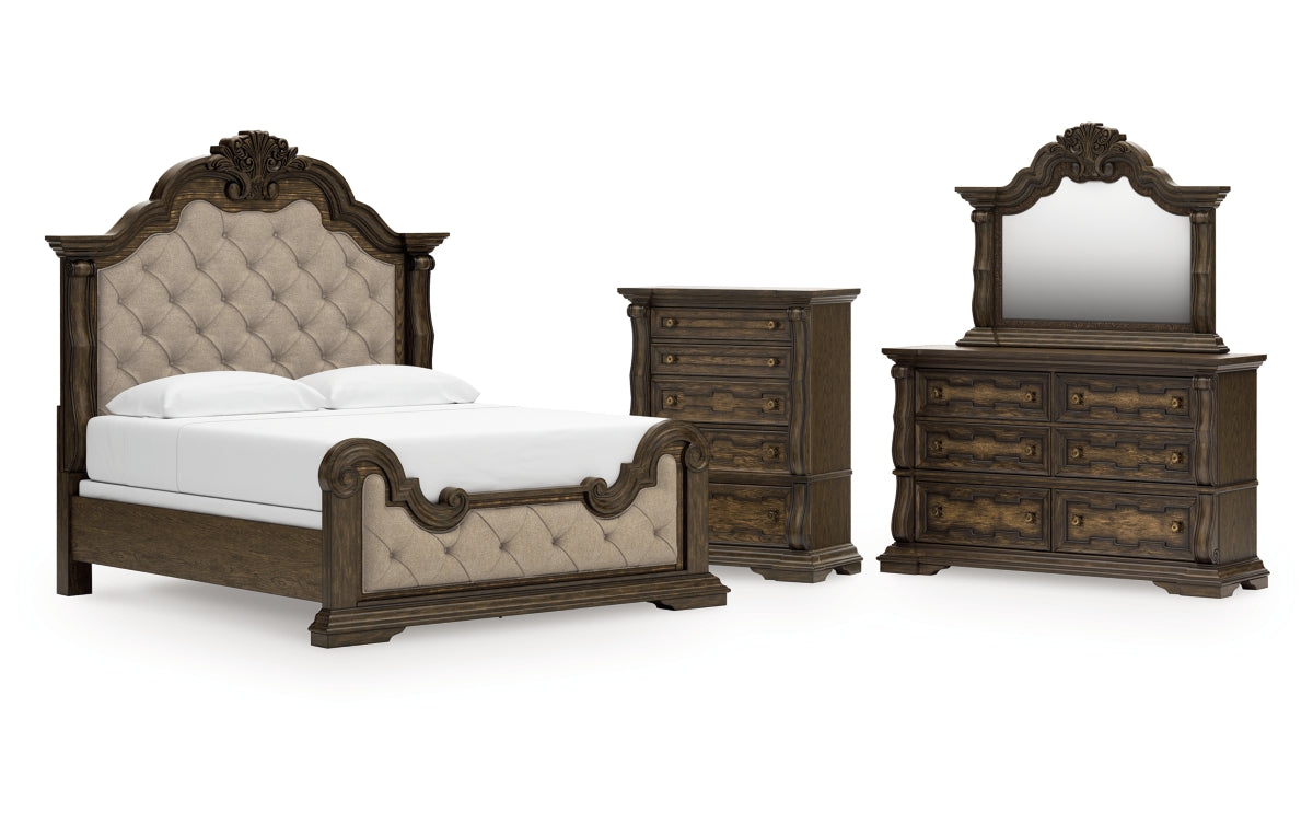 Maylee King Upholstered Bed with Mirrored Dresser and Chest