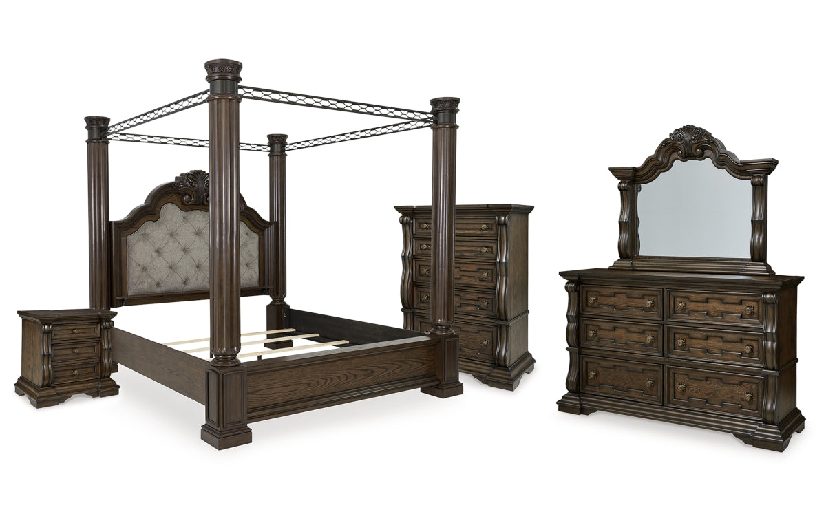 Maylee King Canopy Bed, Dresser, Mirror, Chest and Nightstand