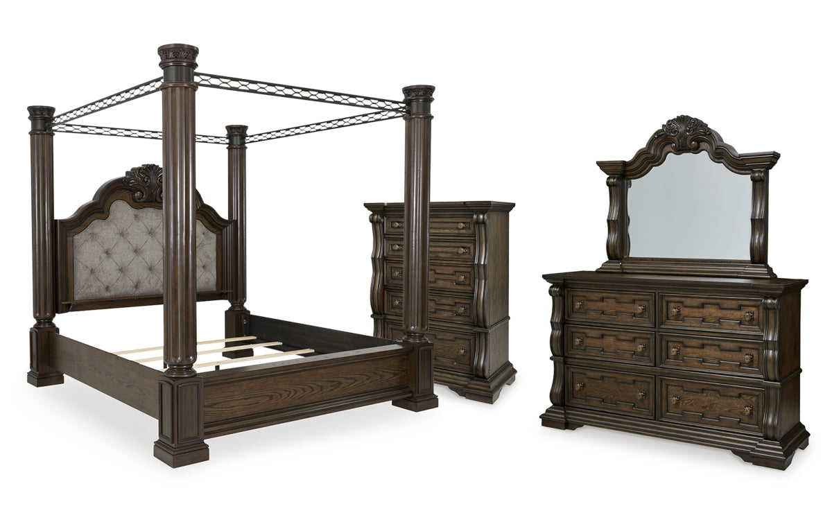 Maylee King Canopy Bed with Mirrored Dresser and Chest