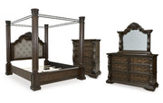 Maylee California King Canopy Bed, Dresser, Mirror and Chest
