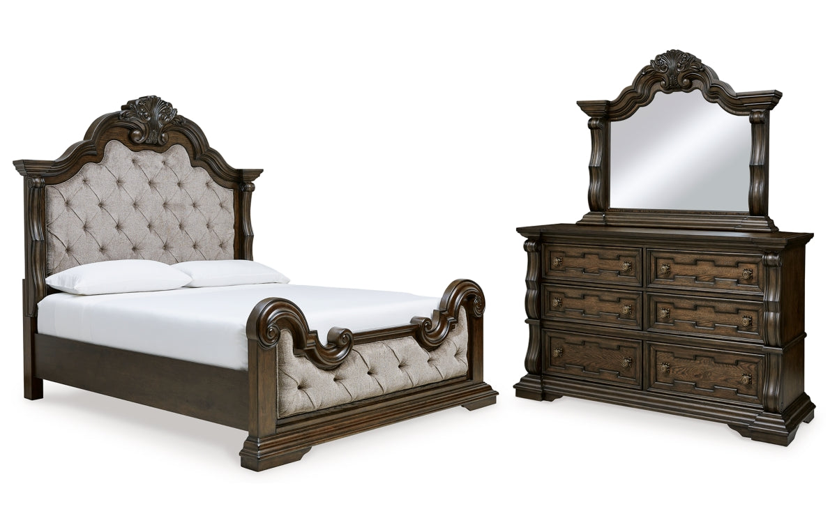 Maylee Queen Upholstered Bed with Mirrored Dresser