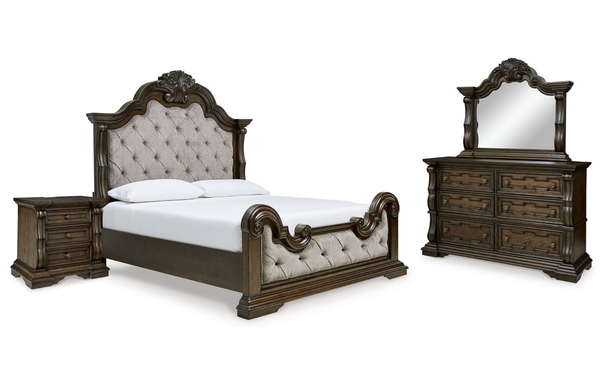 Maylee California King Upholstered Bed with Mirrored Dresser and Nightstand