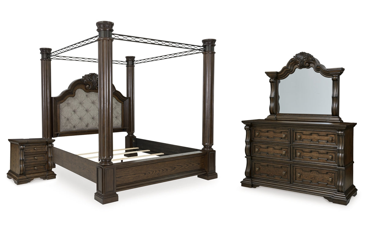 Maylee Queen Canopy Bed, Dresser, Mirror and Nightstand