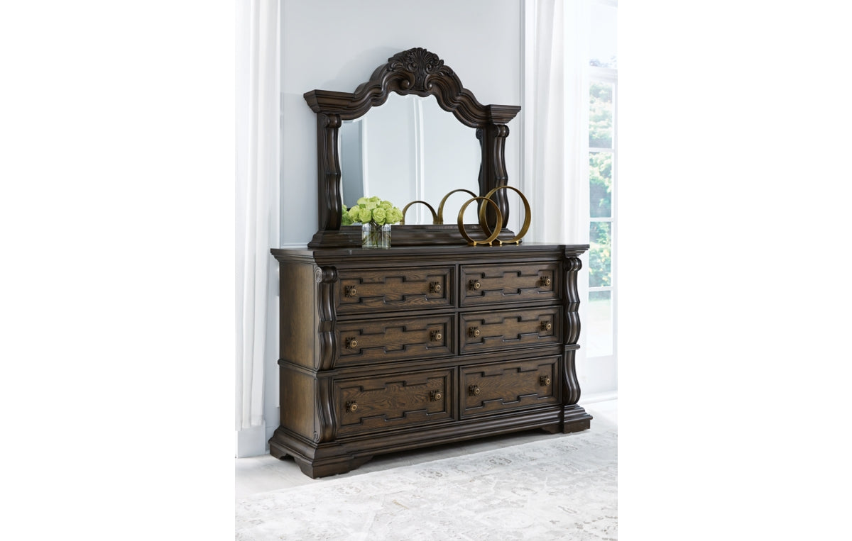 Maylee Queen Upholstered Bed, Dresser, Mirror, Chest and Nightstand