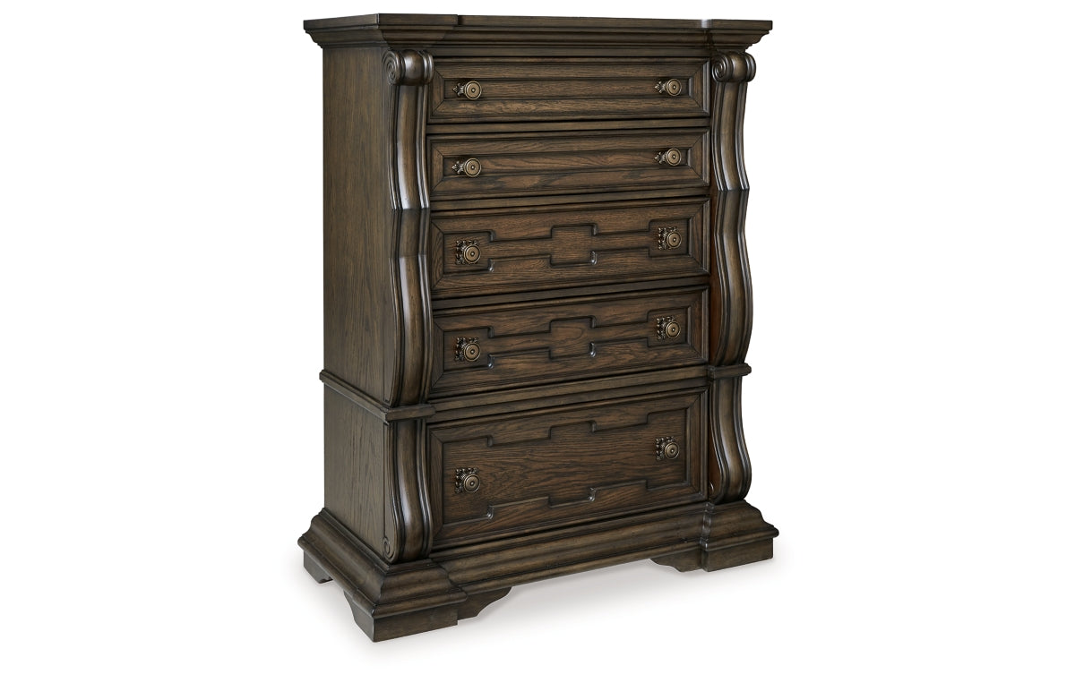 Maylee Queen Upholstered Bed, Dresser, Mirror, Chest and Nightstand