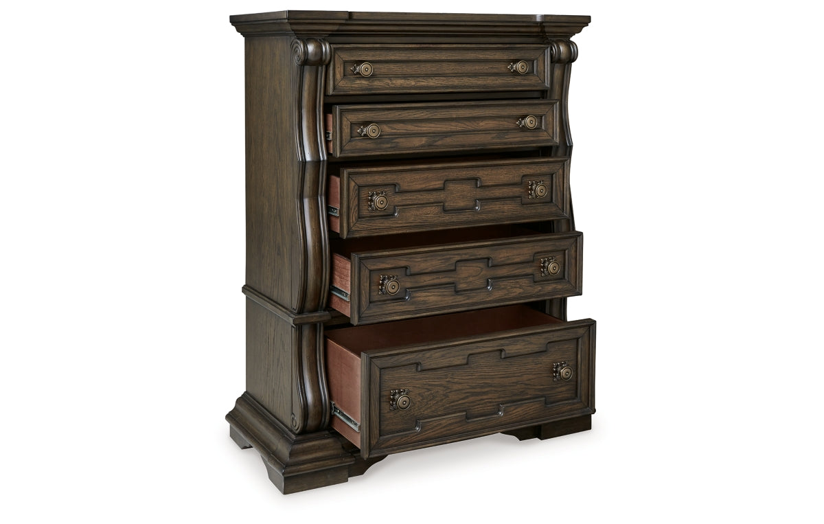 Maylee Queen Upholstered Bed, Dresser, Mirror, Chest and Nightstand