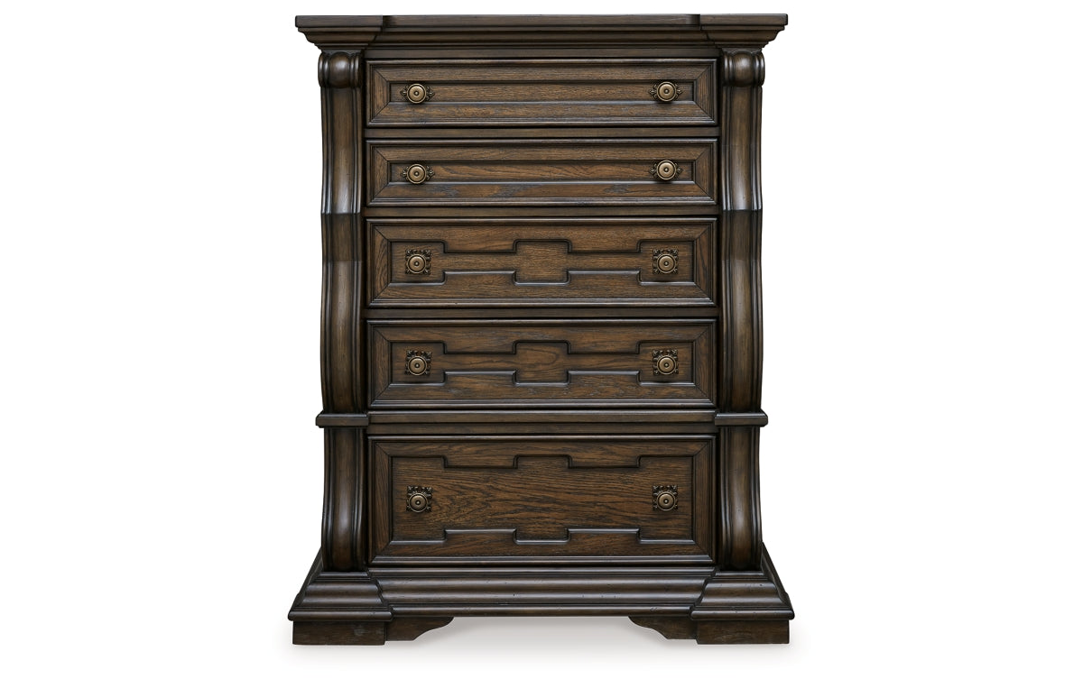 Maylee Queen Upholstered Bed, Dresser, Mirror, Chest and Nightstand