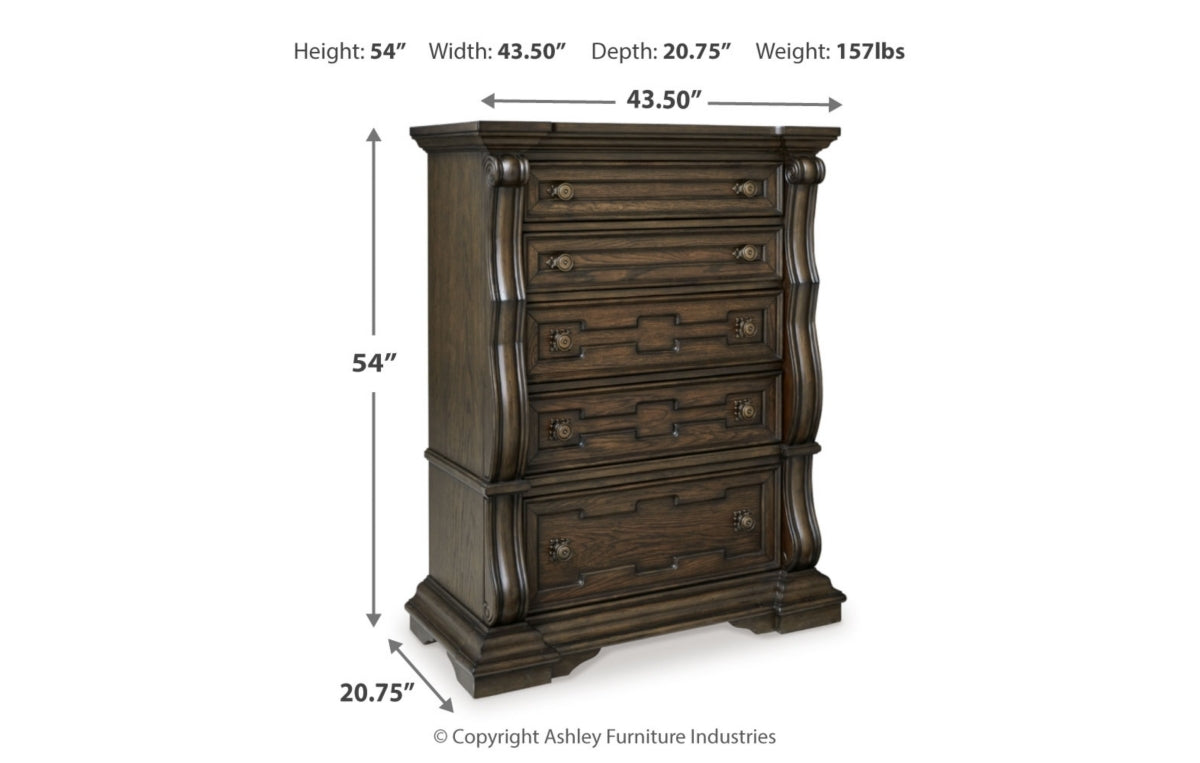 Maylee Queen Upholstered Bed, Dresser, Mirror, Chest and Nightstand
