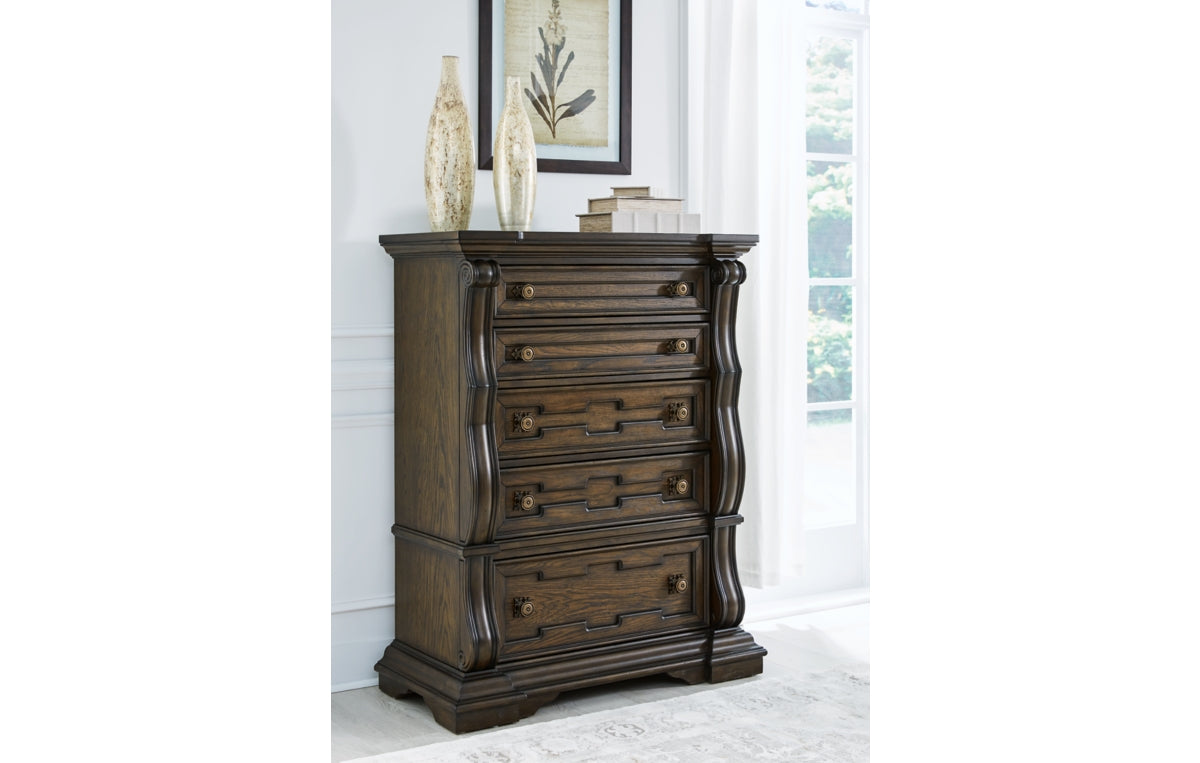 Maylee Queen Upholstered Bed, Dresser, Mirror, Chest and Nightstand