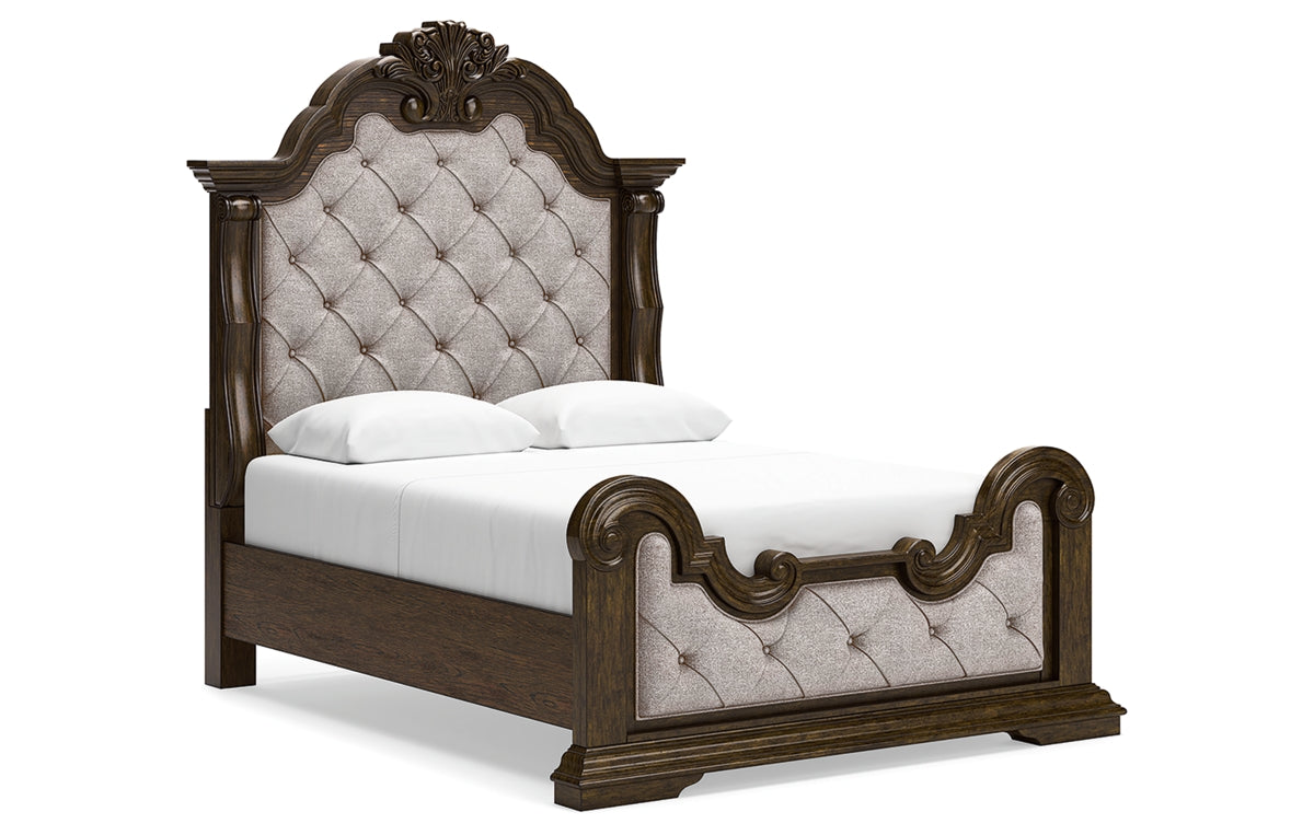 Maylee Queen Upholstered Bed, Dresser, Mirror, Chest and Nightstand