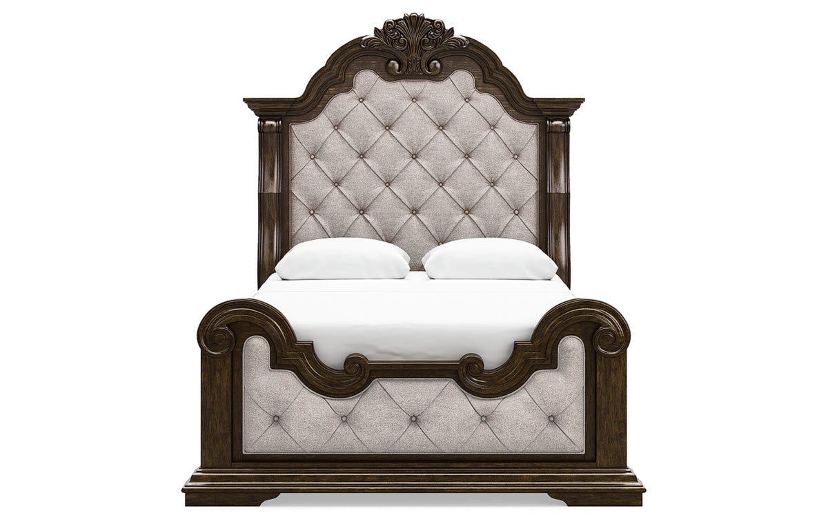 Maylee Queen Upholstered Bed, Dresser, Mirror, Chest and Nightstand