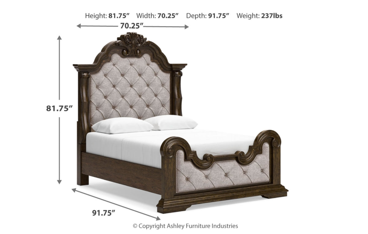 Maylee Queen Upholstered Bed, Dresser, Mirror, Chest and Nightstand