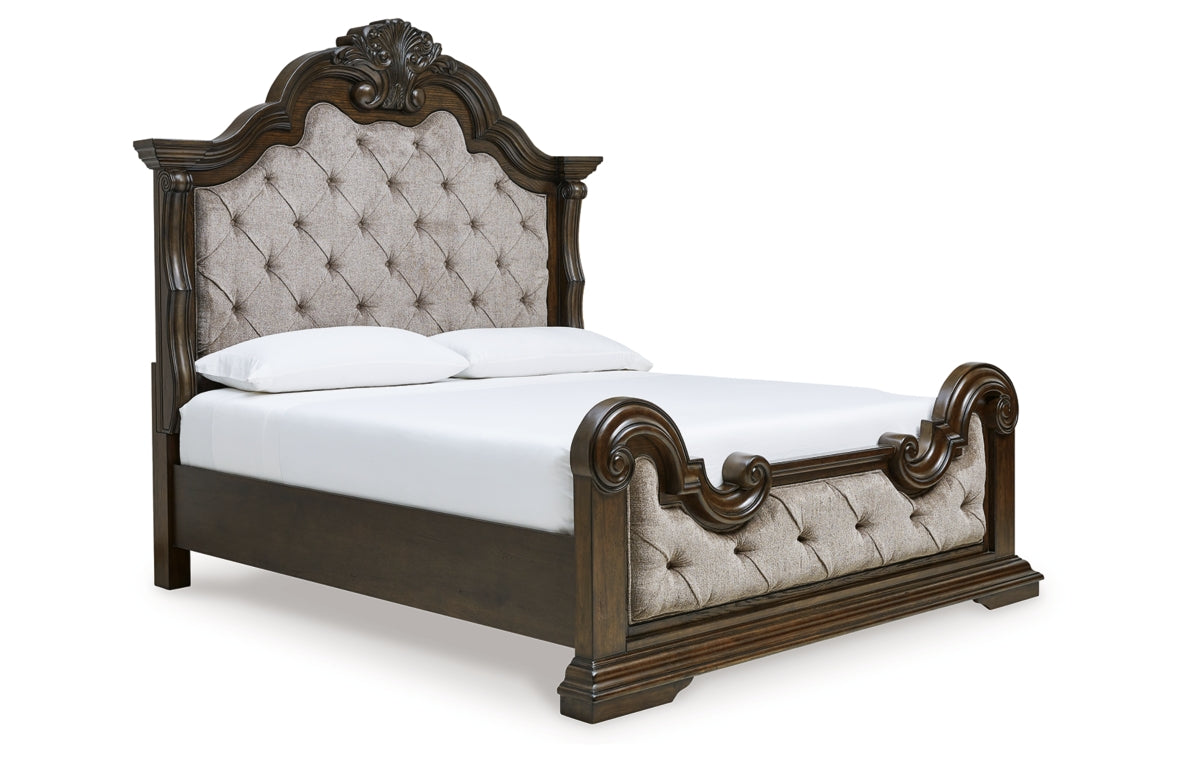 Maylee California King Upholstered Bed with Mirrored Dresser and Nightstand
