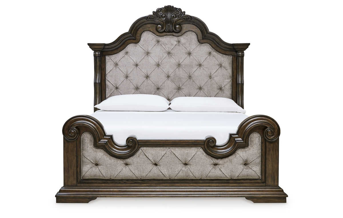 Maylee California King Upholstered Bed with Mirrored Dresser and Nightstand