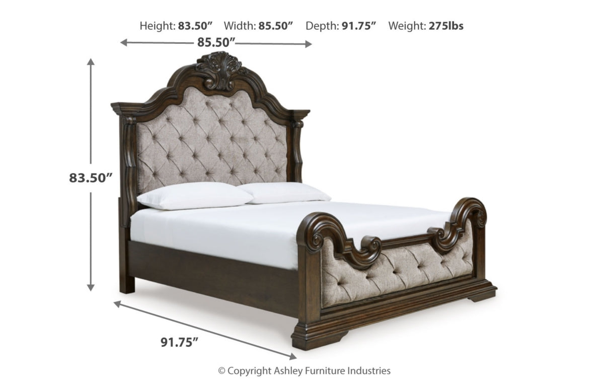 Maylee King Upholstered Bed, Dresser, Mirror and Chest