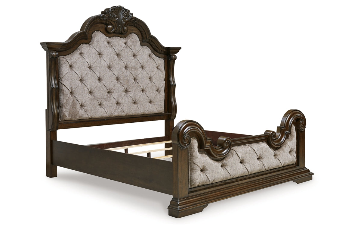 Maylee California King Upholstered Bed with Mirrored Dresser and Nightstand