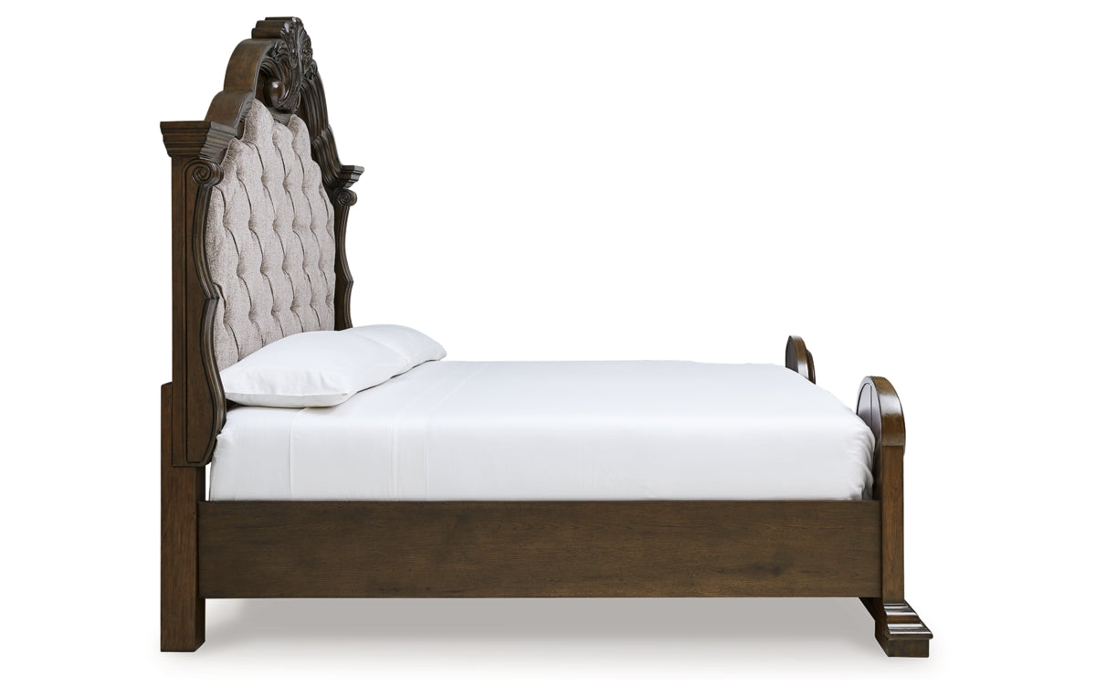 Maylee California King Upholstered Bed with Mirrored Dresser and Nightstand