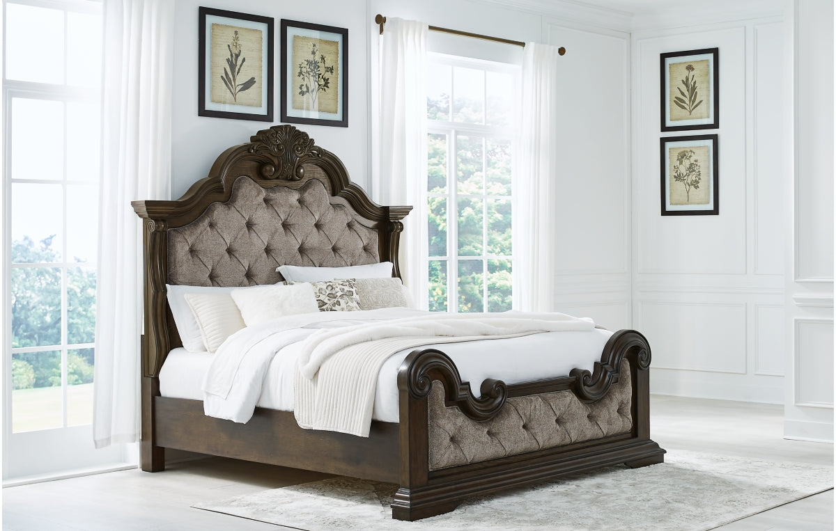 Maylee King Upholstered Bed, Dresser, Mirror and Chest