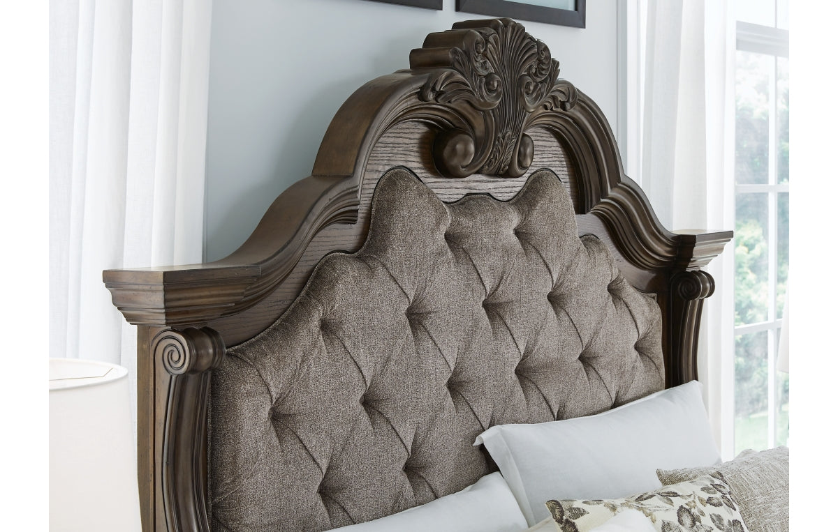 Maylee California King Upholstered Bed with Mirrored Dresser