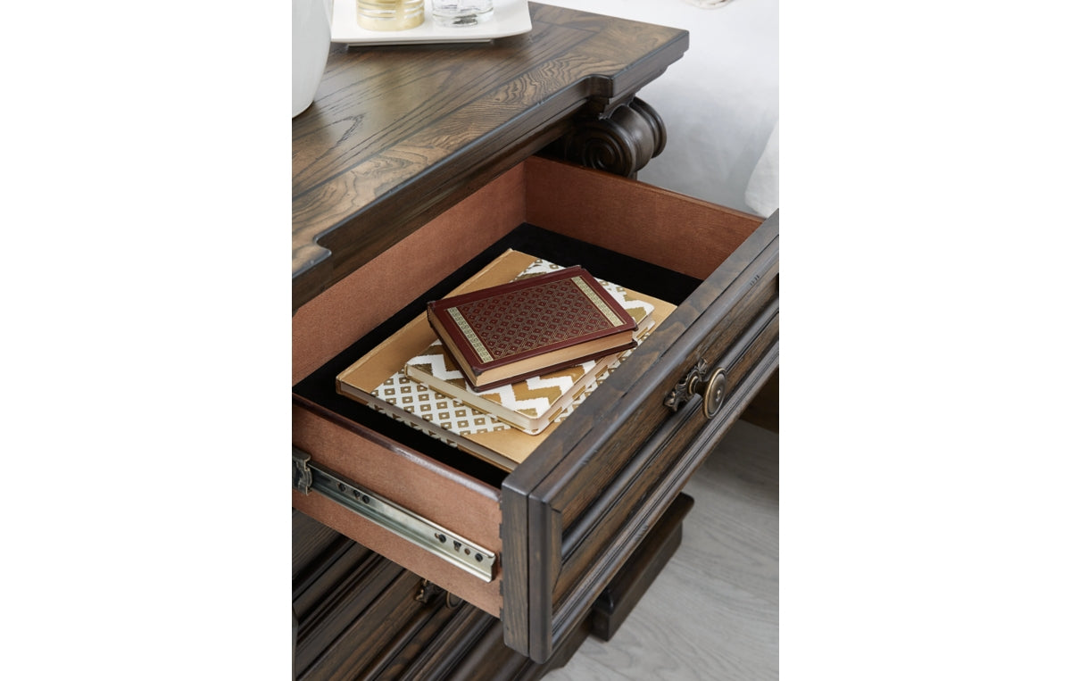 Maylee California King Upholstered Bed with Mirrored Dresser and Nightstand