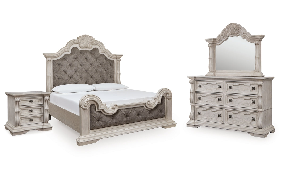 Bruchandi California King Upholstered Panel Bed with Mirrored Dresser and Nightstand