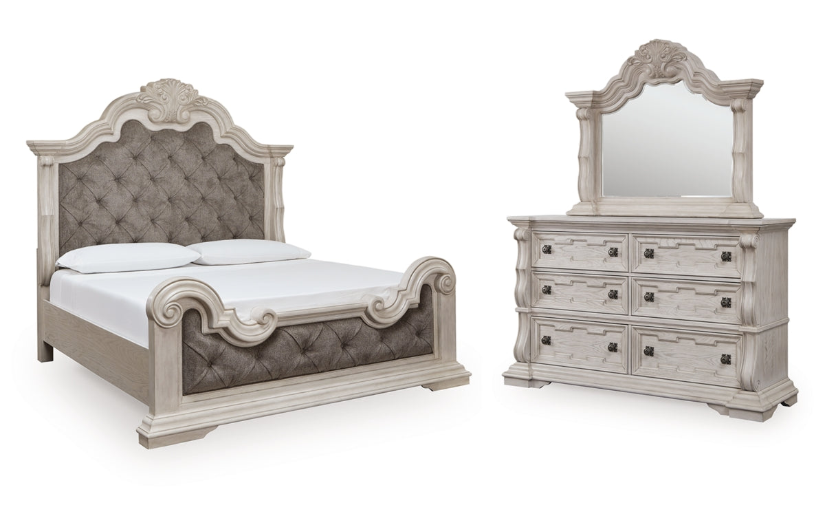Bruchandi California King Upholstered Panel Bed with Mirrored Dresser