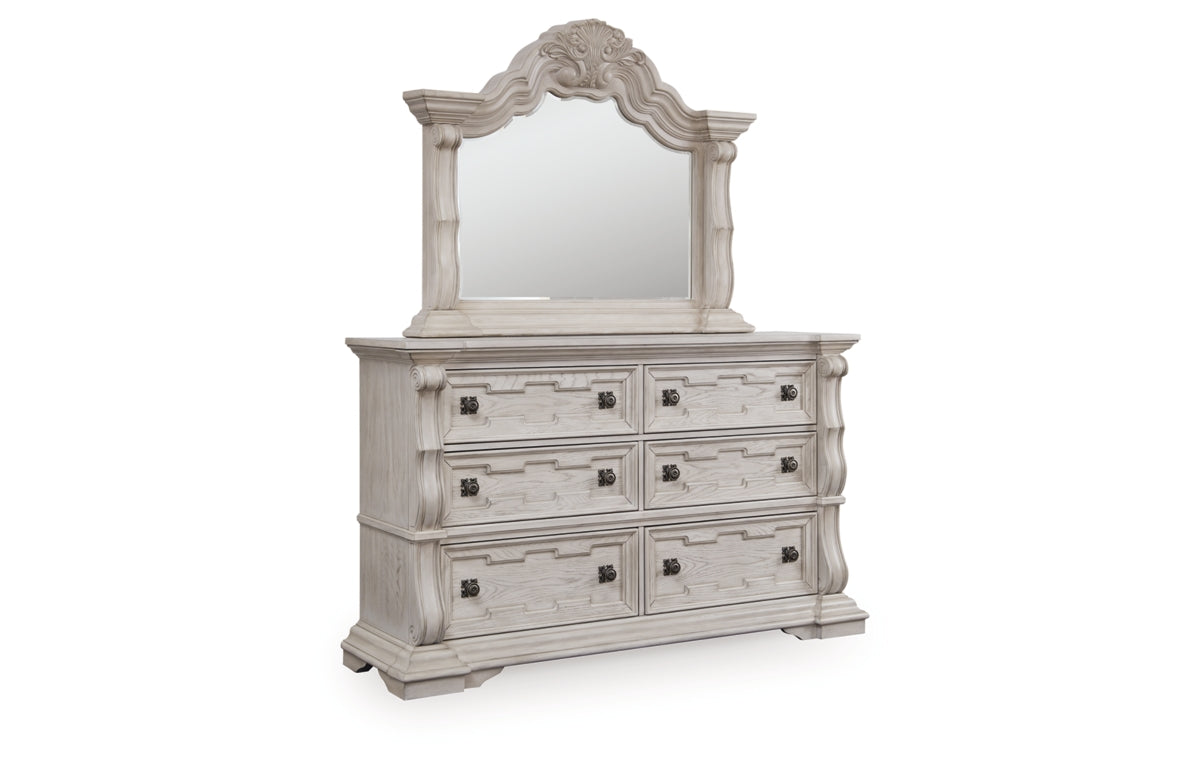 Bruchandi California King Upholstered Panel Bed with Mirrored Dresser and Nightstand