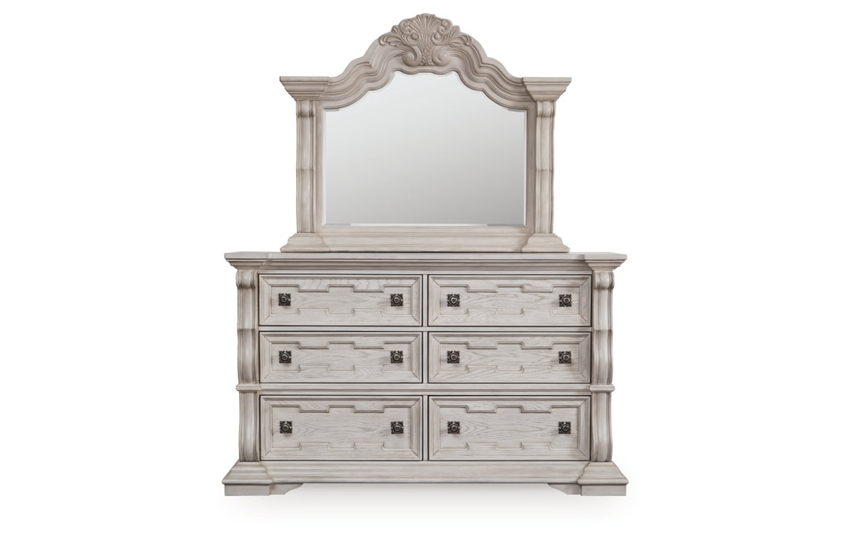 Bruchandi California King Upholstered Panel Bed with Mirrored Dresser and Nightstand