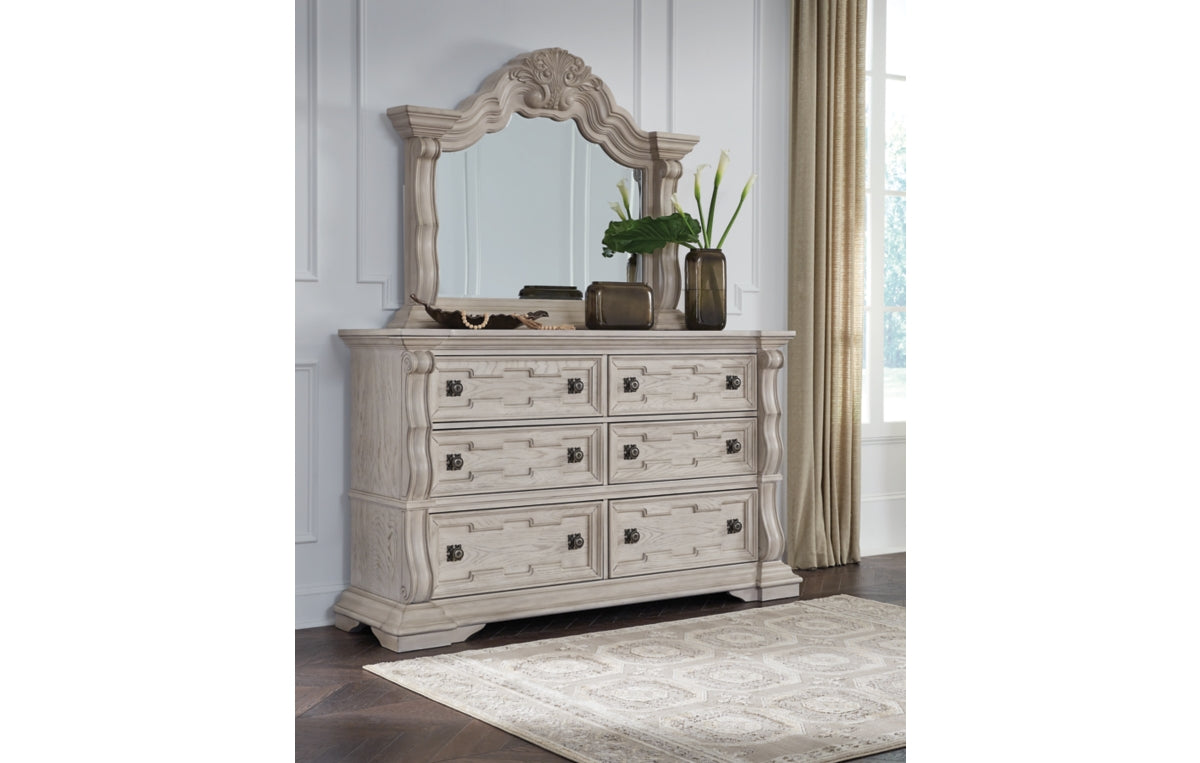 Bruchandi California King Upholstered Panel Bed with Mirrored Dresser and Nightstand
