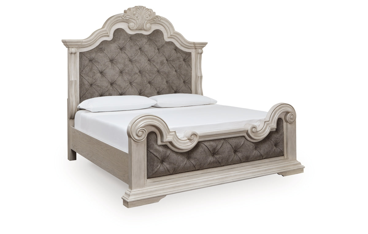 Bruchandi California King Upholstered Panel Bed with Mirrored Dresser and Nightstand
