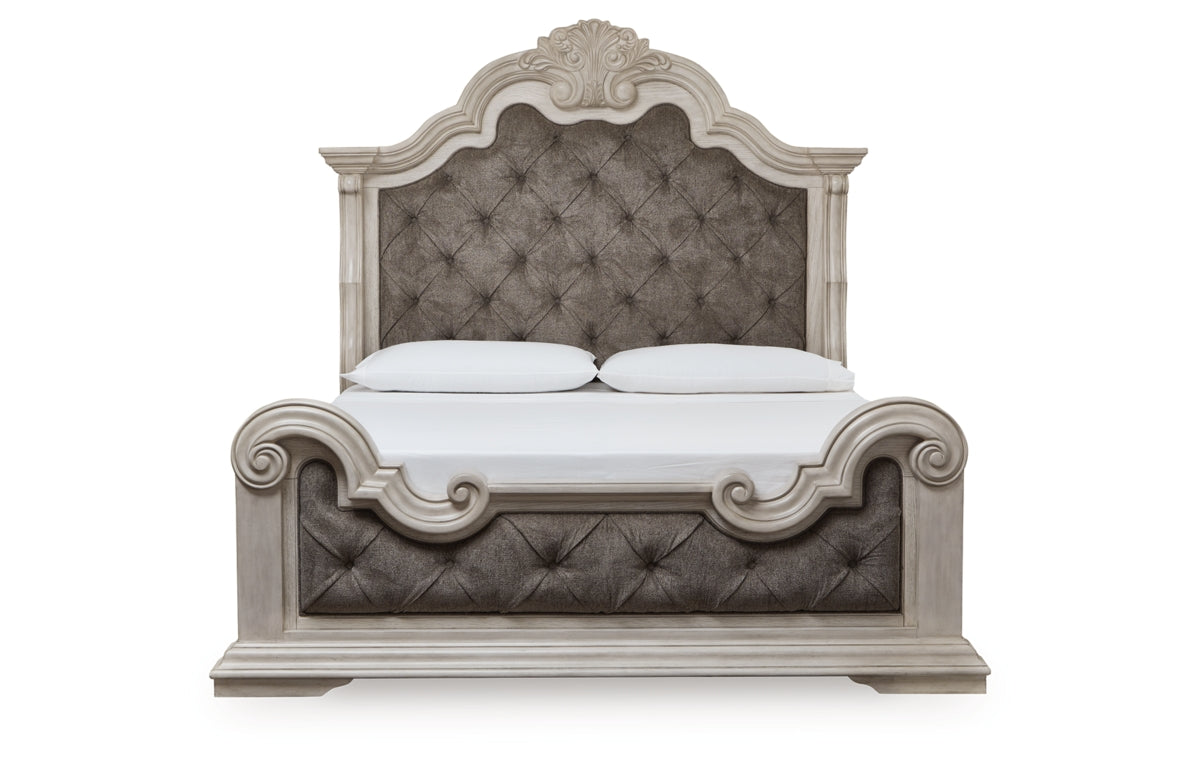 Bruchandi California King Upholstered Panel Bed with Mirrored Dresser and Nightstand