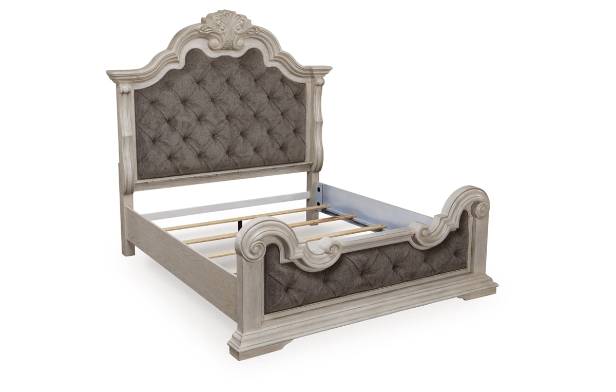 Bruchandi California King Upholstered Panel Bed with Mirrored Dresser and Nightstand