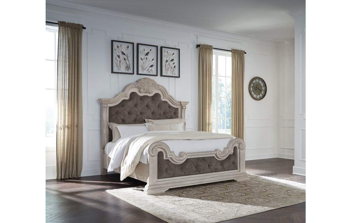 Bruchandi California King Upholstered Panel Bed with Mirrored Dresser and Nightstand