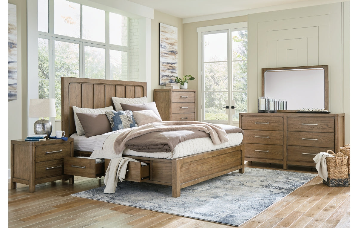 Cabalynn California King Panel Bed with Storage with Mirrored Dresser, Chest and Nightstand