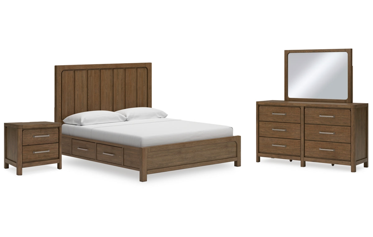 Cabalynn California King Panel Bed with Storage with Mirrored Dresser and Nightstand