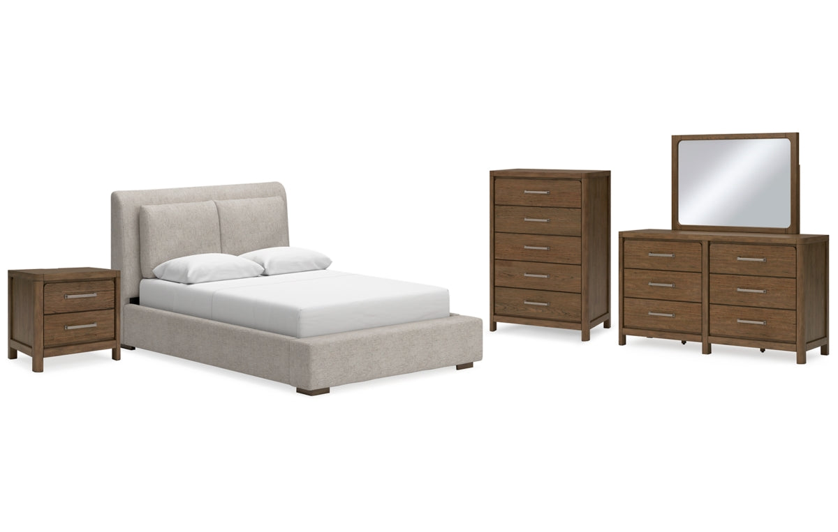 Cabalynn Queen Upholstered Bed with Mirrored Dresser, Chest and Nightstand