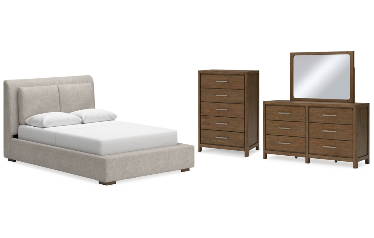 Cabalynn Queen Upholstered Bed with Mirrored Dresser and Chest