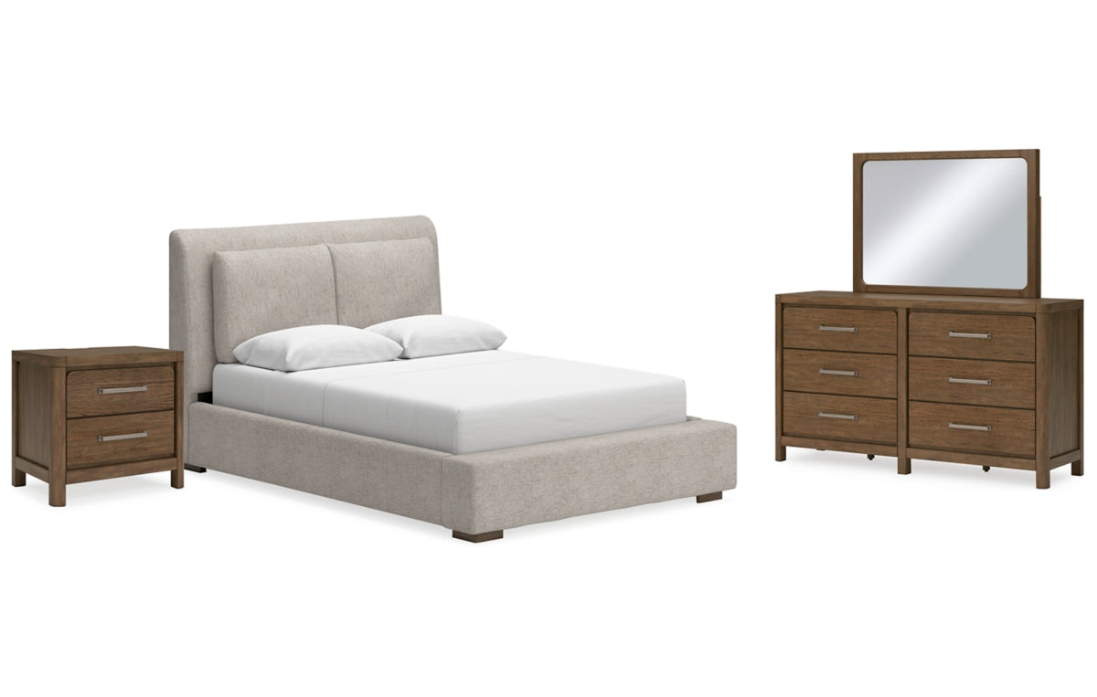 Cabalynn Queen Upholstered Bed with Mirrored Dresser and Nightstand