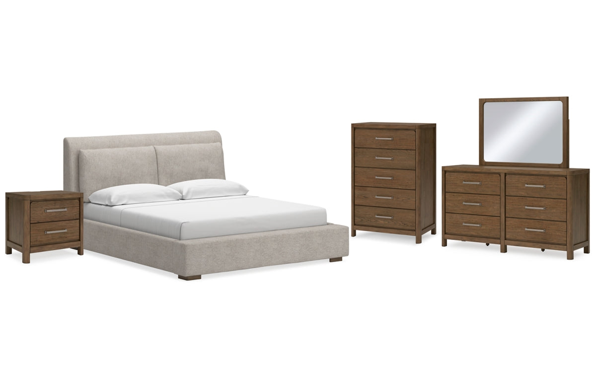 Cabalynn King Upholstered Bed with Mirrored Dresser, Chest and Nightstand