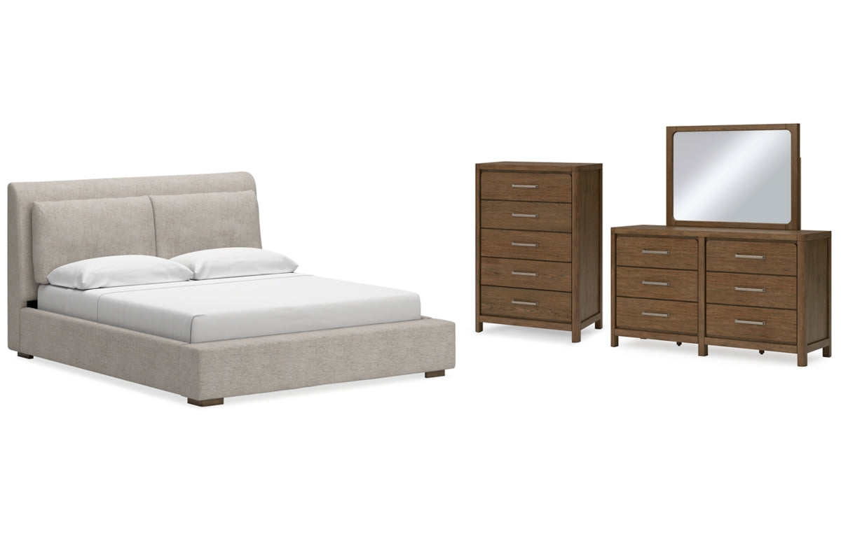 Cabalynn King Upholstered Bed with Mirrored Dresser and Chest