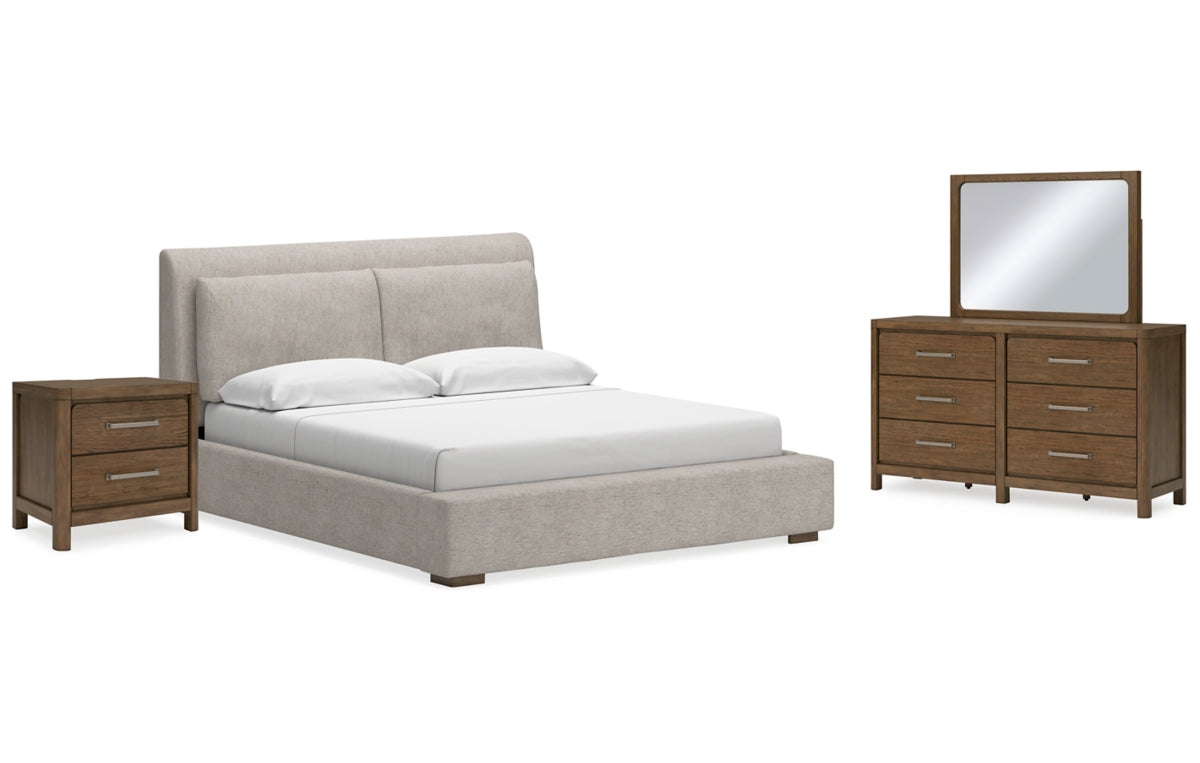 Cabalynn King Upholstered Bed with Mirrored Dresser and Nightstand