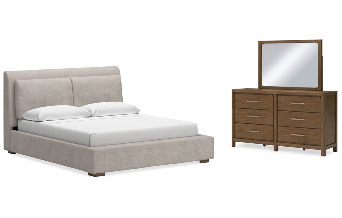 Cabalynn King Upholstered Bed with Mirrored Dresser