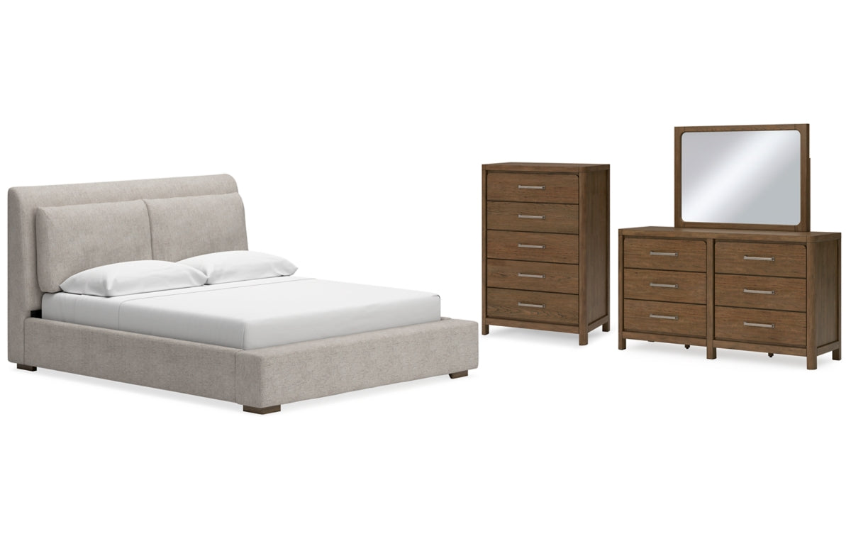 Cabalynn California King Upholstered Bed with Mirrored Dresser and Chest