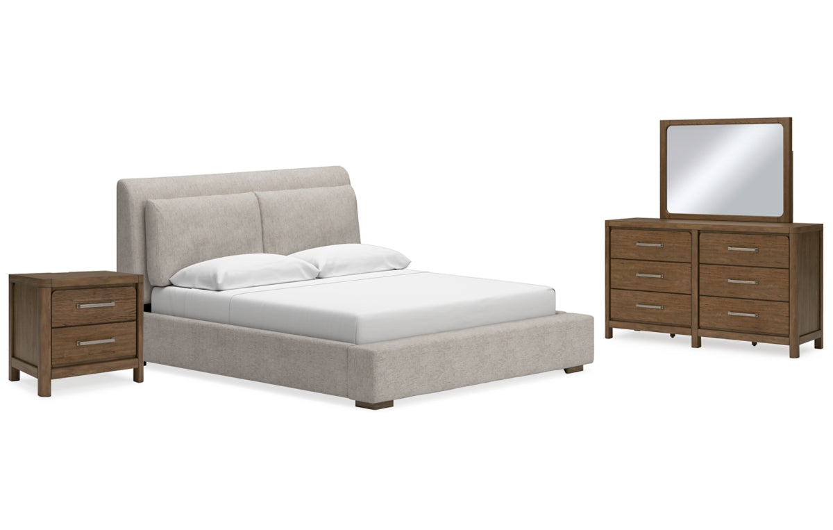 Cabalynn California King Upholstered Bed with Mirrored Dresser and Nightstand