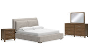 Cabalynn California King Upholstered Bed with Mirrored Dresser and Nightstand