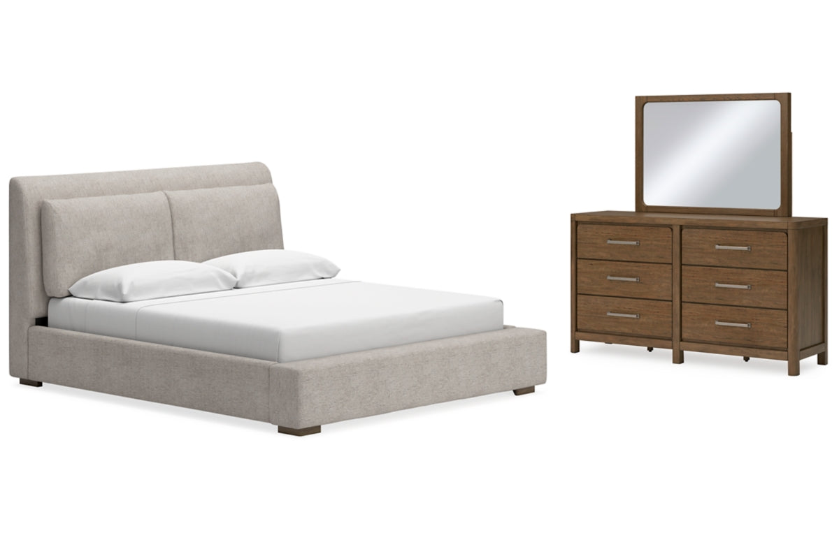 Cabalynn California King Upholstered Bed with Mirrored Dresser