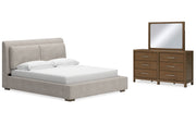 Cabalynn California King Upholstered Bed with Mirrored Dresser