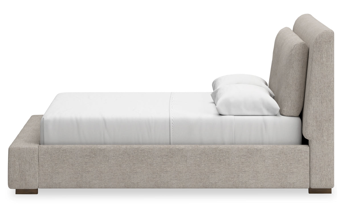 Cabalynn Queen Upholstered Bed with Mirrored Dresser and Chest